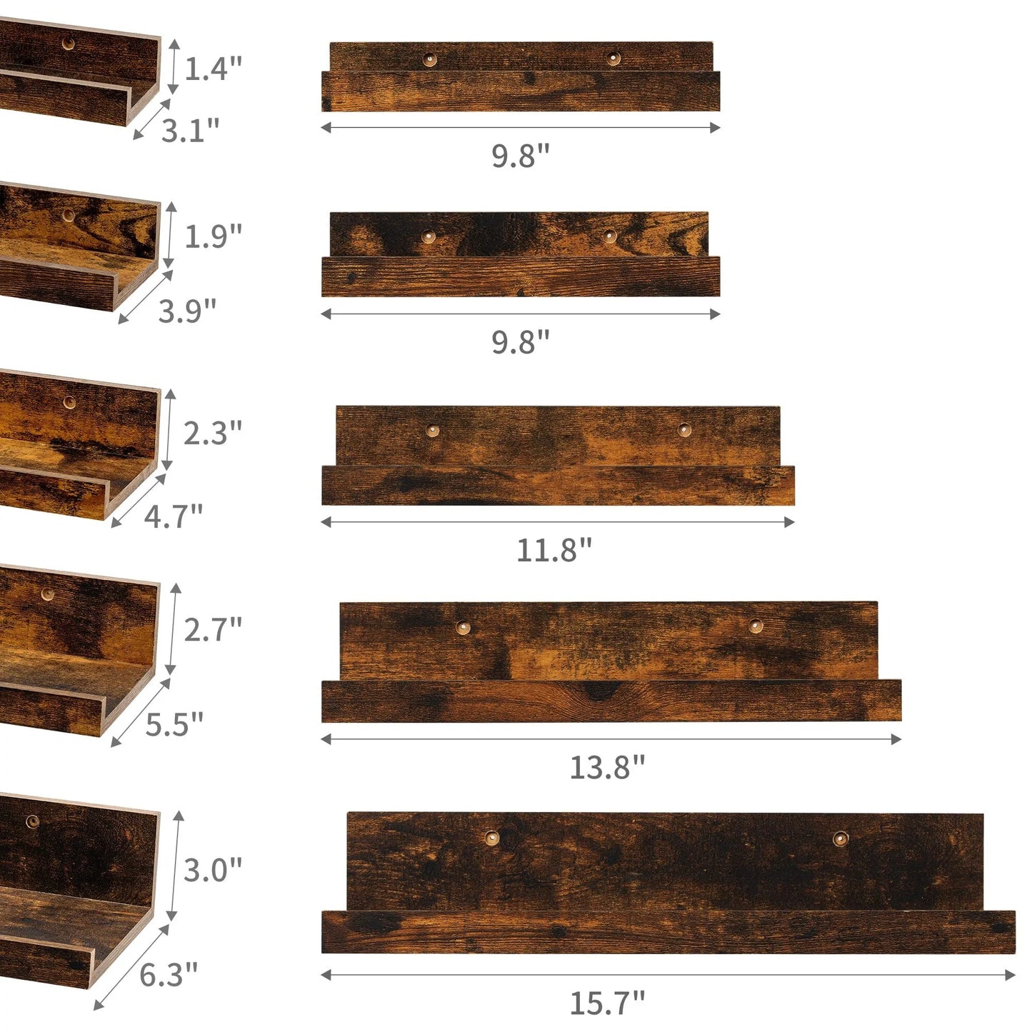 Wall-Mounted Floating Shelves Set of 5, Wooden Home Decor in Multiple Sizes, Brown Finish