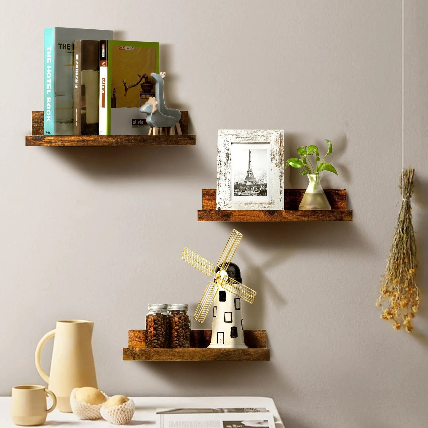 Wall-Mounted Floating Shelves Set of 5, Wooden Home Decor in Multiple Sizes, Brown Finish