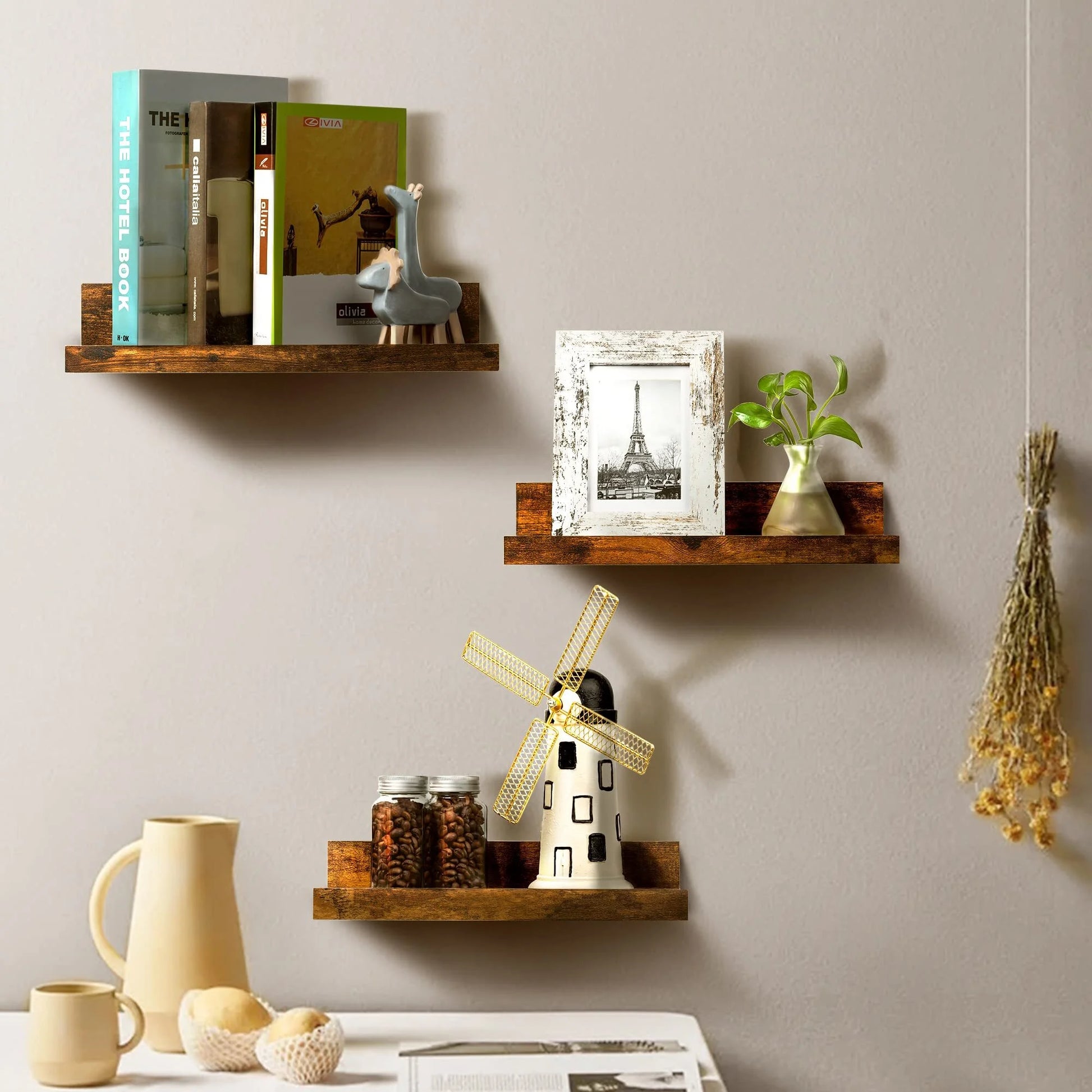 Wall-Mounted Floating Shelves Set of 5, Wooden Home Decor in Multiple Sizes, Brown Finish