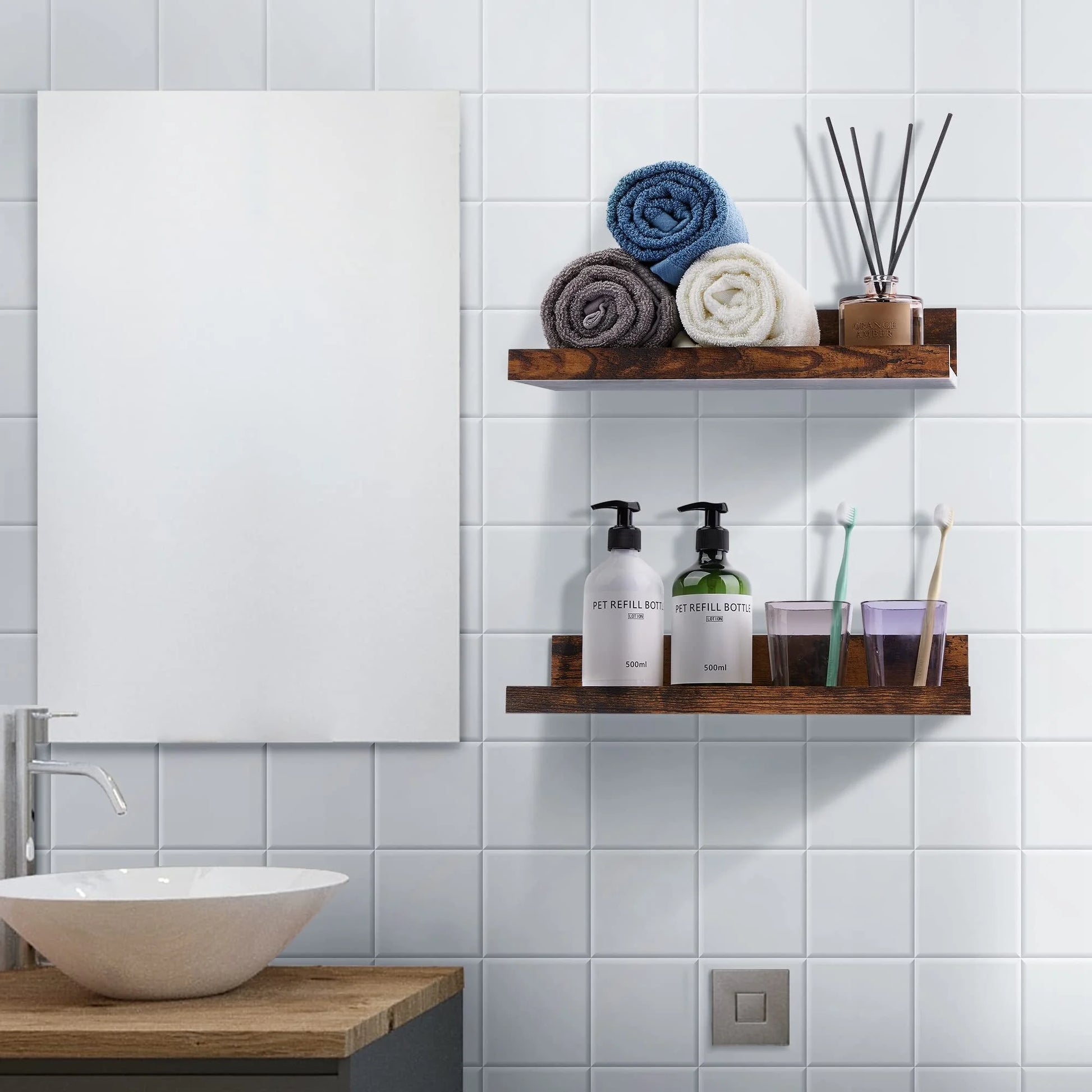 Wall-Mounted Floating Shelves Set of 5, Wooden Home Decor in Multiple Sizes, Brown Finish