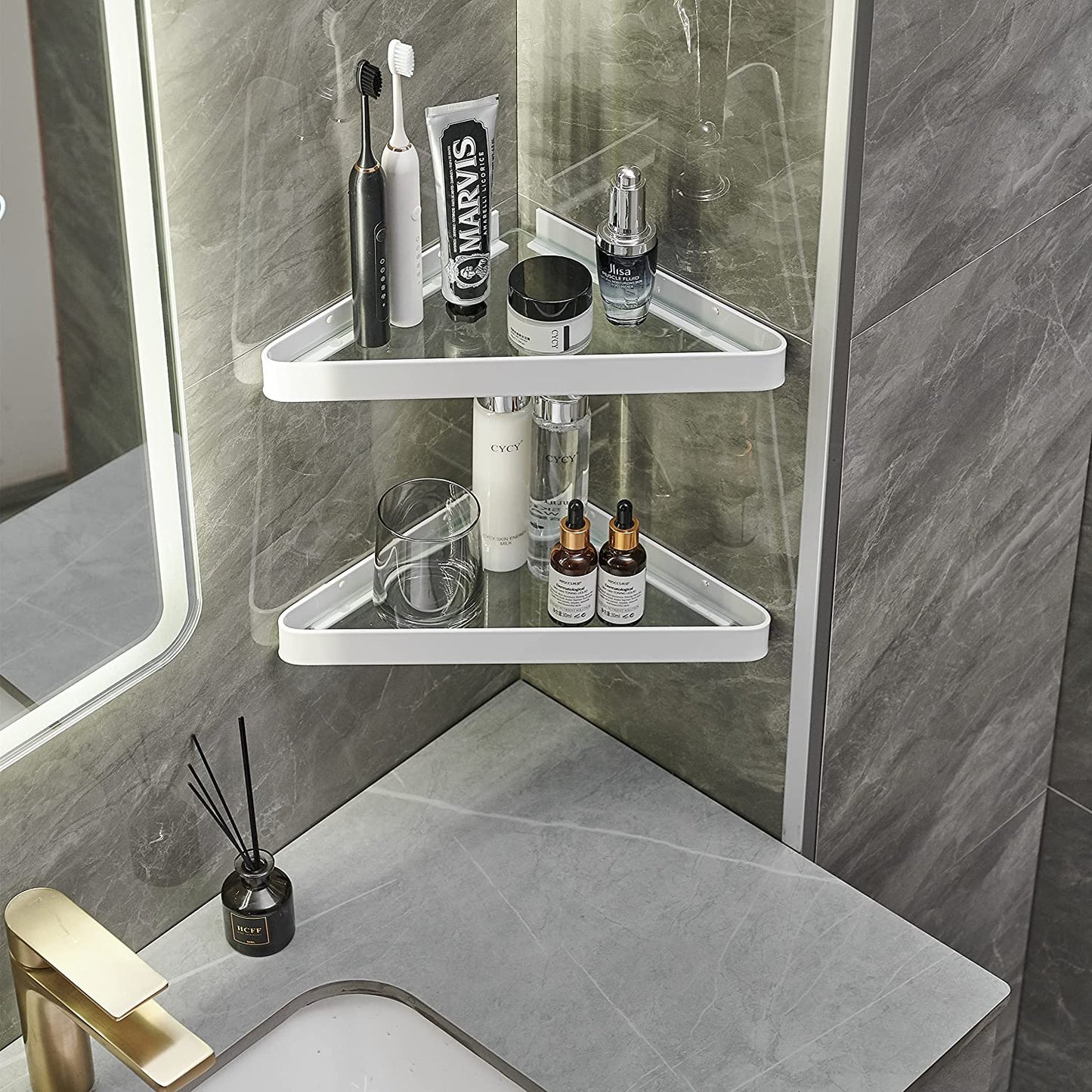 Wall-Mounted Glass Corner Shelves for Bathroom - 2-Tier Tempered Glass Floating Organizer (White)