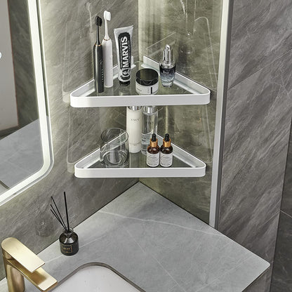 Wall-Mounted Glass Corner Shelves for Bathroom - 2-Tier Tempered Glass Floating Organizer (White)