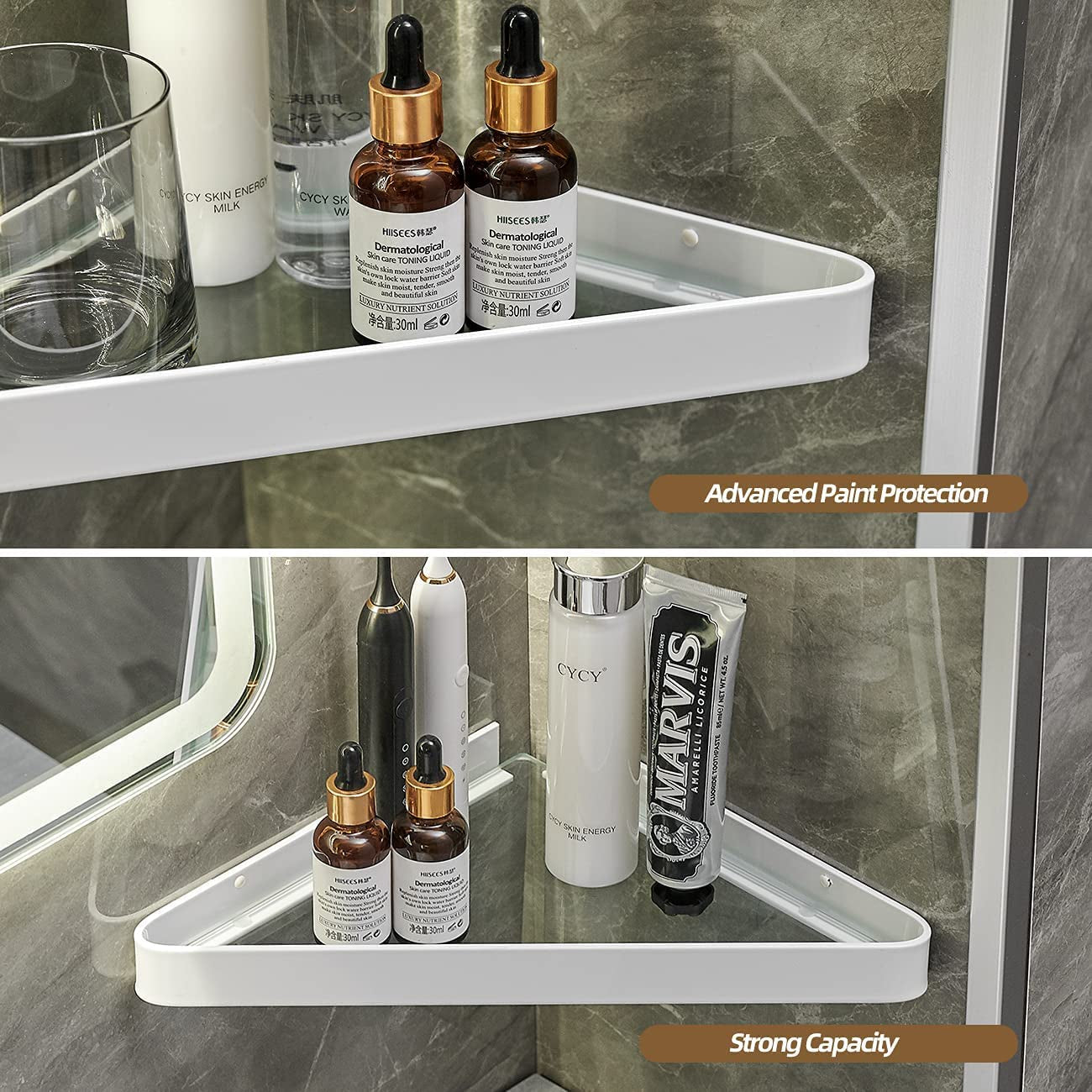 Wall-Mounted Glass Corner Shelves for Bathroom - 2-Tier Tempered Glass Floating Organizer (White)