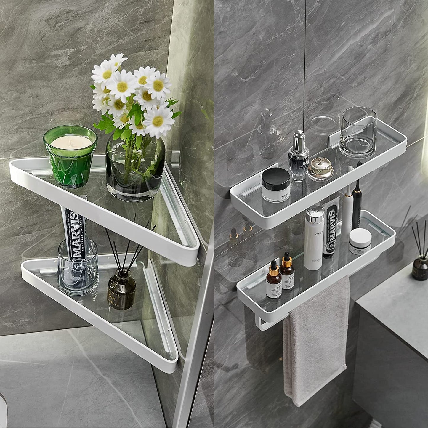 Wall-Mounted Glass Corner Shelves for Bathroom - 2-Tier Tempered Glass Floating Organizer (White)