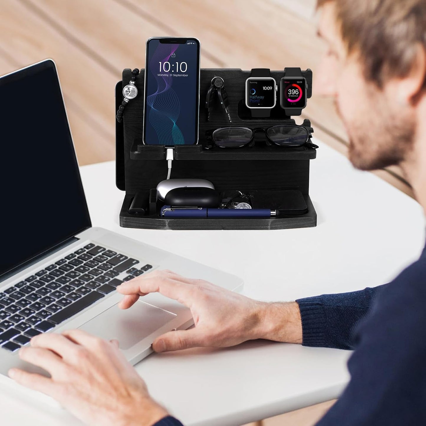 Gifts for Men Desk or Nightstand Organizer - Wood Phone Docking Station - Birthday Gifts for Husband, Fathers Day for Dad - Anniversary Idea from Wife - Key Holder, Stand Wallet, Watch & Essentials