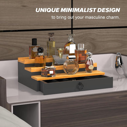 Cologne Organizer for Men, 3 Tier Perfume Stand, Cologne Shelf with Drawer and Hidden Compartment Perfume Display Holder, a Gift for Men