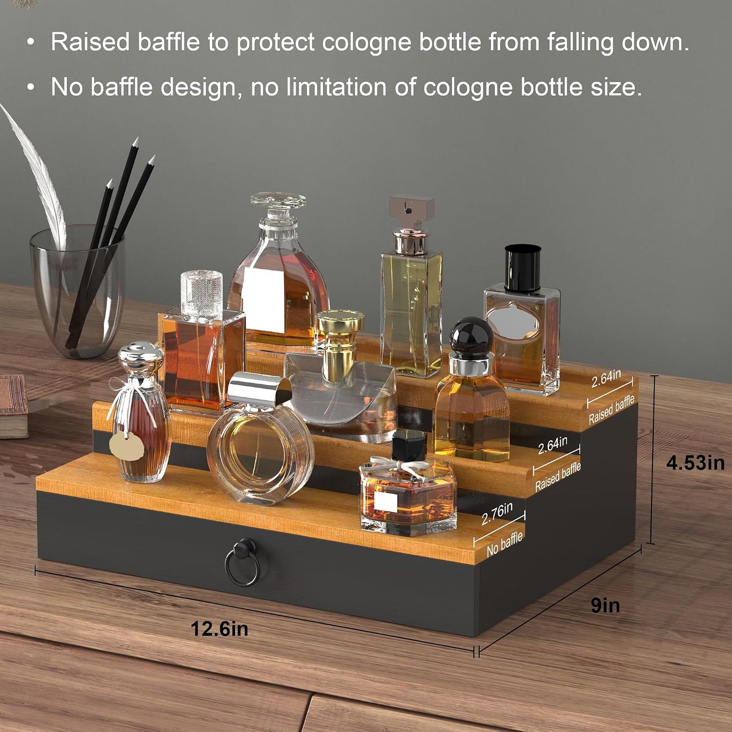 Cologne Organizer for Men, 3 Tier Perfume Stand, Cologne Shelf with Drawer and Hidden Compartment Perfume Display Holder, a Gift for Men