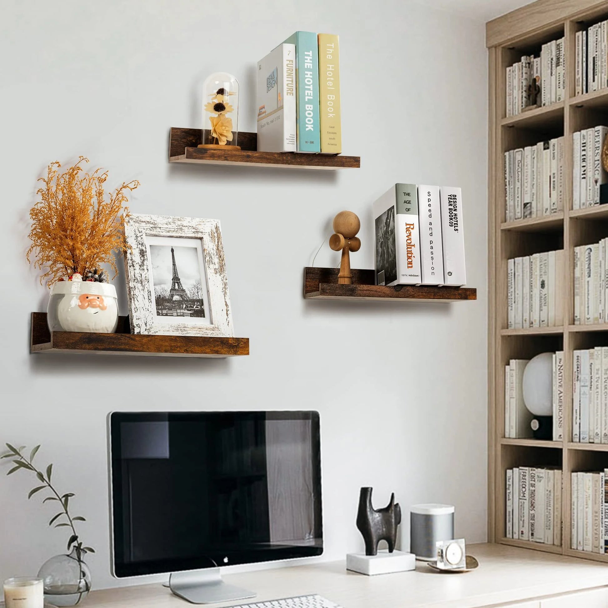 Wall-Mounted Floating Shelves Set of 5, Wooden Home Decor in Multiple Sizes, Brown Finish