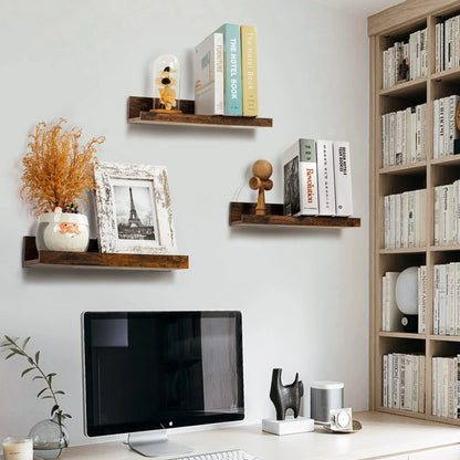 Wall-Mounted Floating Shelves Set of 5, Wooden Home Decor in Multiple Sizes, Brown Finish