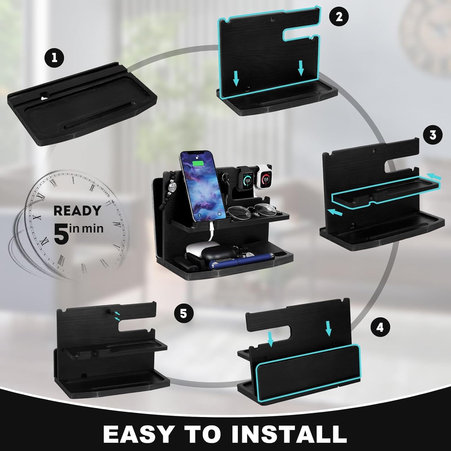 Gifts for Men Desk or Nightstand Organizer - Wood Phone Docking Station - Birthday Gifts for Husband, Fathers Day for Dad - Anniversary Idea from Wife - Key Holder, Stand Wallet, Watch & Essentials