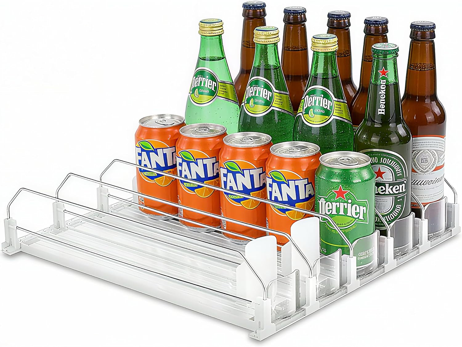 White Fridge Organizer, Automatic Can Dispenser & Drink Rack - Holds up to 25 Cans (12Oz/16Oz/20Oz), Adjustable Gliding Soda & Beer Organizer for Refrigerator - Space Saving Kitchen Storage