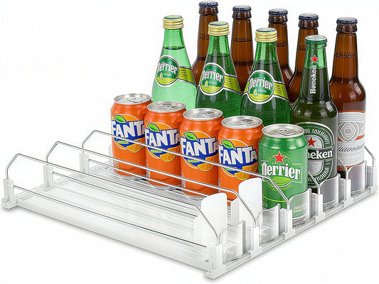 White Fridge Organizer, Automatic Can Dispenser & Drink Rack - Holds up to 25 Cans (12Oz/16Oz/20Oz), Adjustable Gliding Soda & Beer Organizer for Refrigerator - Space Saving Kitchen Storage