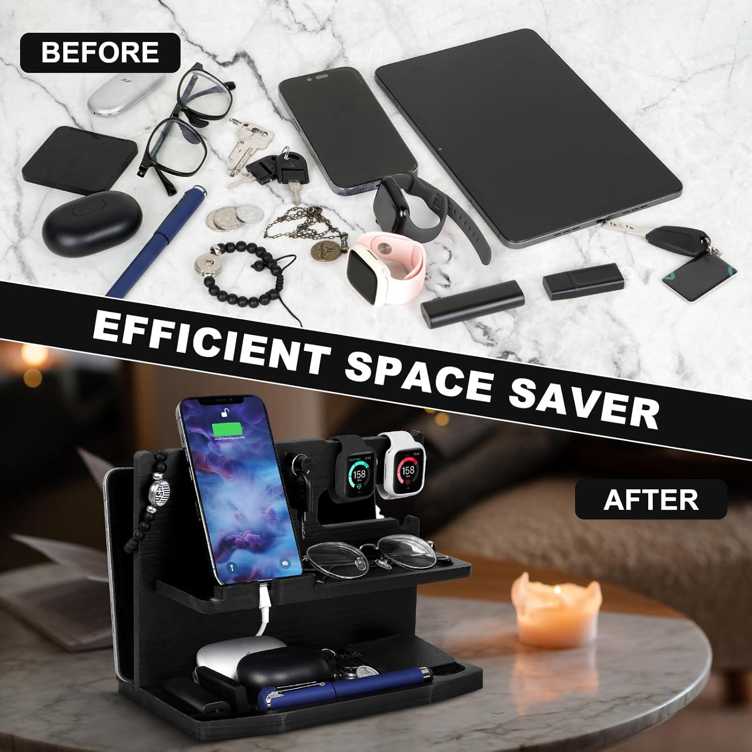 Gifts for Men Desk or Nightstand Organizer - Wood Phone Docking Station - Birthday Gifts for Husband, Fathers Day for Dad - Anniversary Idea from Wife - Key Holder, Stand Wallet, Watch & Essentials