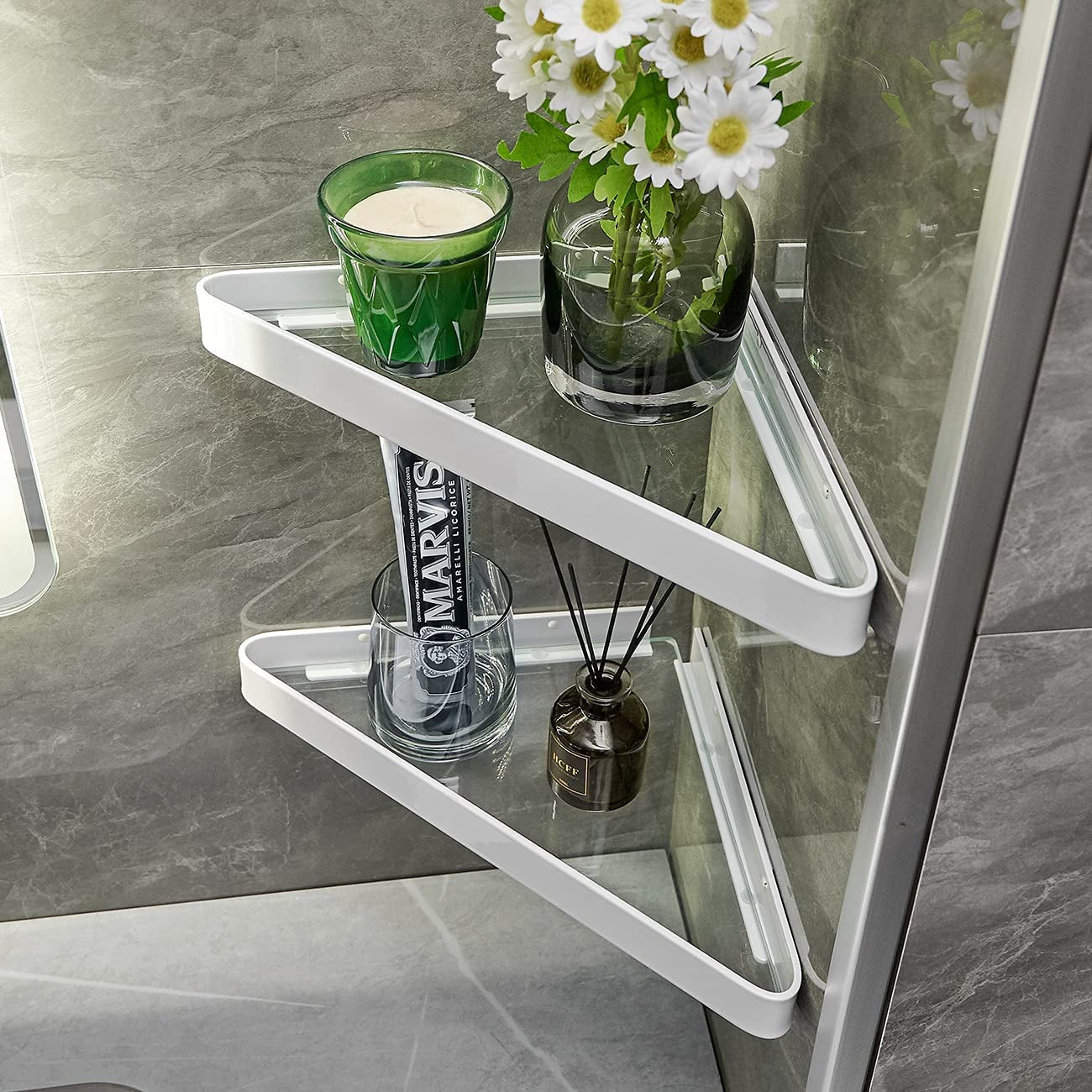 Wall-Mounted Glass Corner Shelves for Bathroom - 2-Tier Tempered Glass Floating Organizer (White)