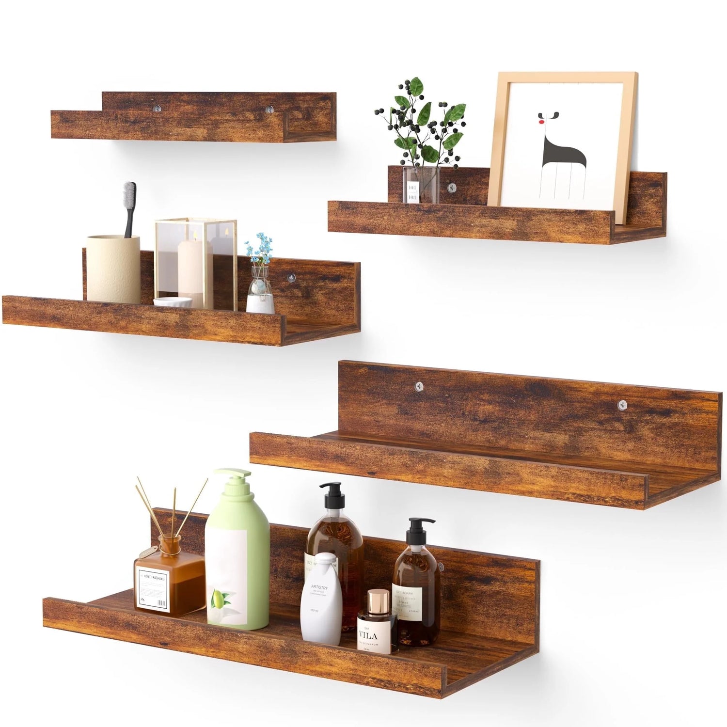 Wall-Mounted Floating Shelves Set of 5, Wooden Home Decor in Multiple Sizes, Brown Finish