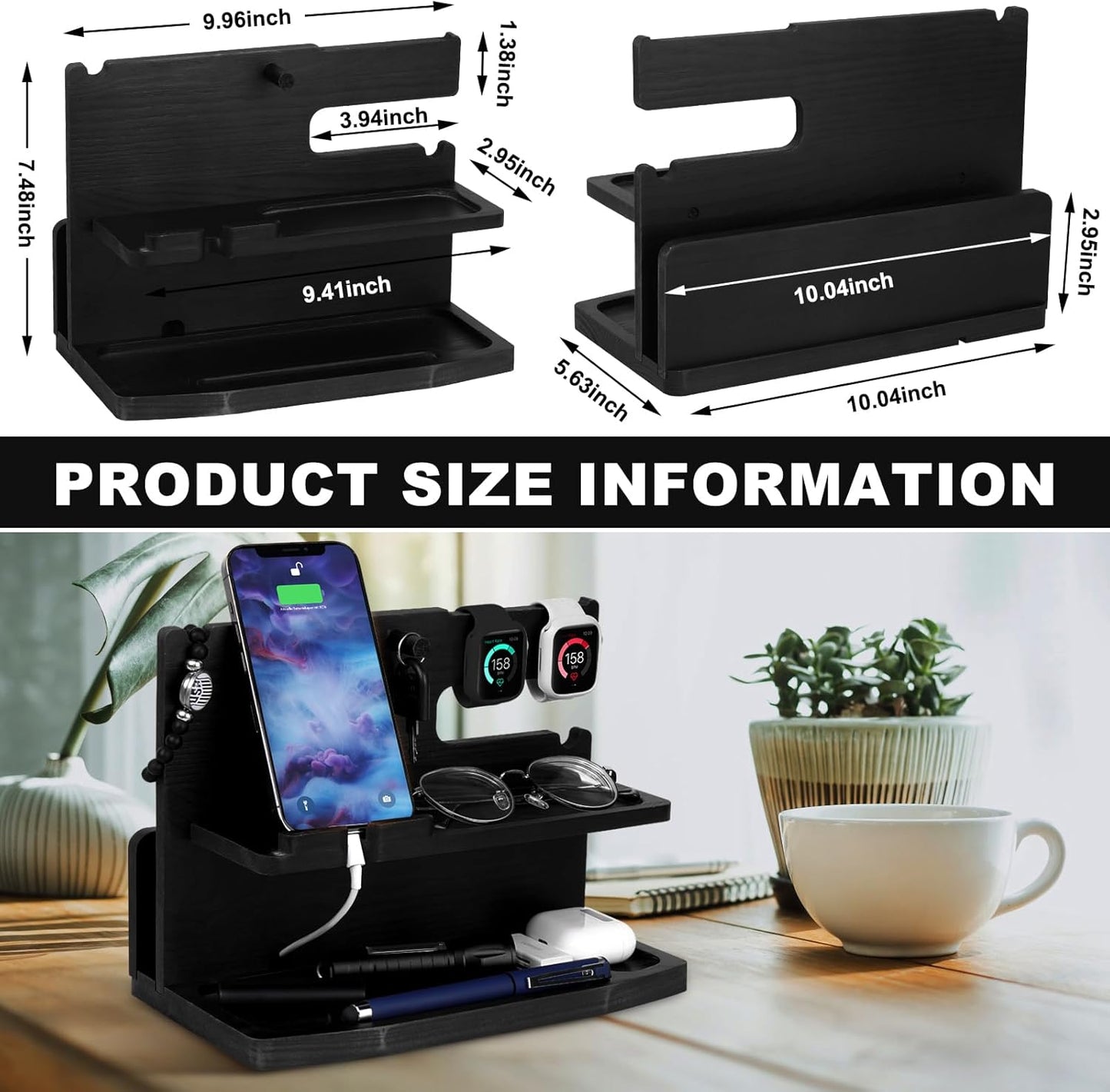 Gifts for Men Desk or Nightstand Organizer - Wood Phone Docking Station - Birthday Gifts for Husband, Fathers Day for Dad - Anniversary Idea from Wife - Key Holder, Stand Wallet, Watch & Essentials