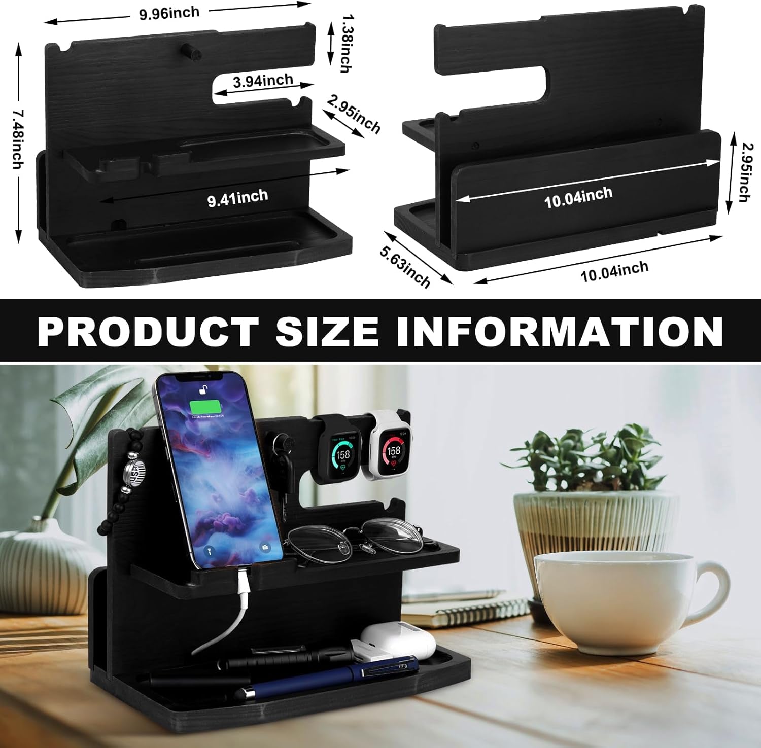 Gifts for Men Desk or Nightstand Organizer - Wood Phone Docking Station - Birthday Gifts for Husband, Fathers Day for Dad - Anniversary Idea from Wife - Key Holder, Stand Wallet, Watch & Essentials