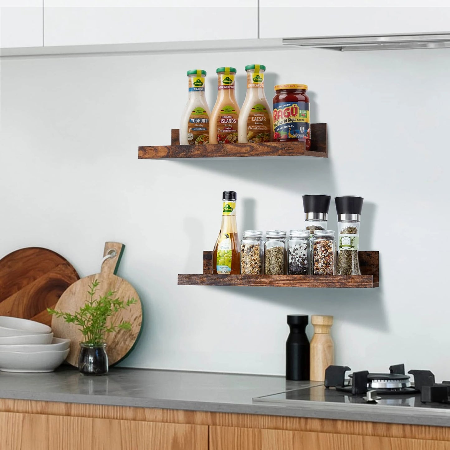 Wall-Mounted Floating Shelves Set of 5, Wooden Home Decor in Multiple Sizes, Brown Finish