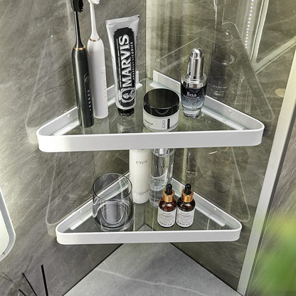 Wall-Mounted Glass Corner Shelves for Bathroom - 2-Tier Tempered Glass Floating Organizer (White)