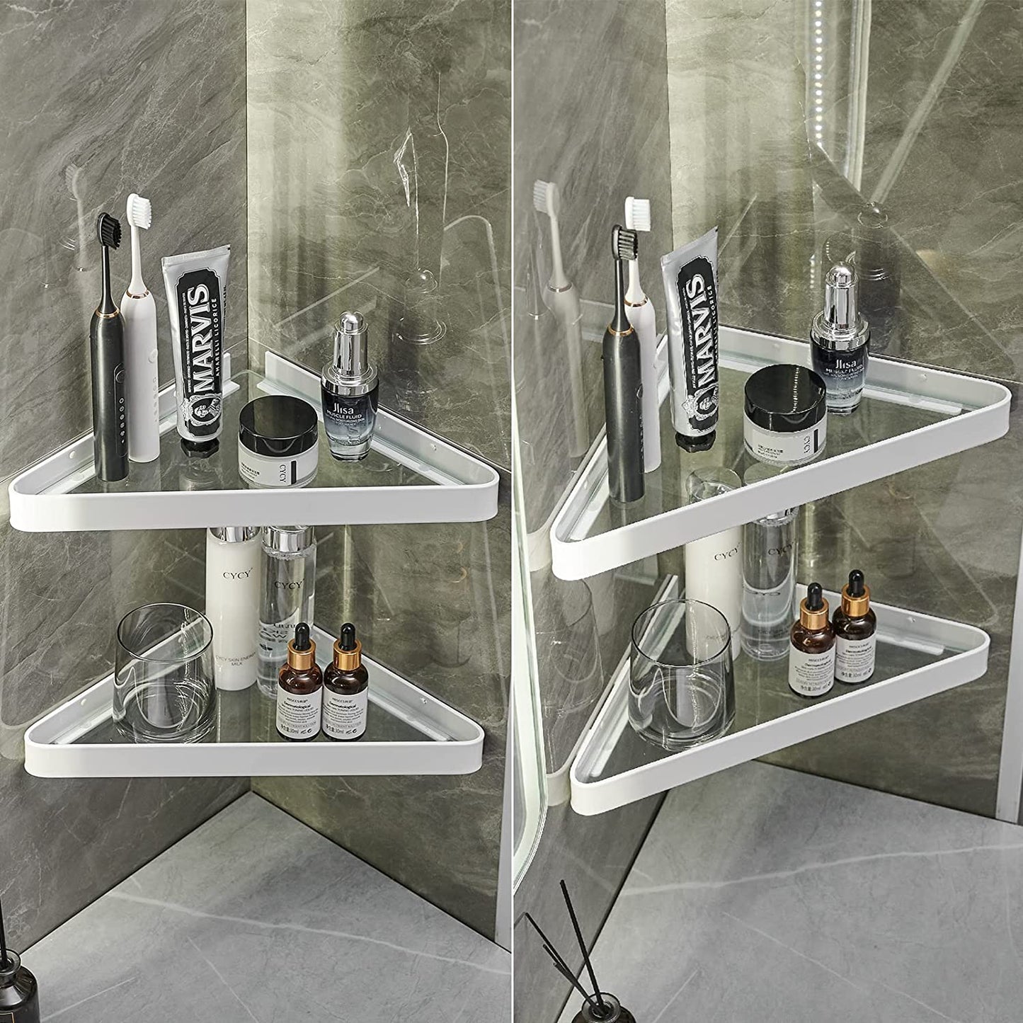 Wall-Mounted Glass Corner Shelves for Bathroom - 2-Tier Tempered Glass Floating Organizer (White)
