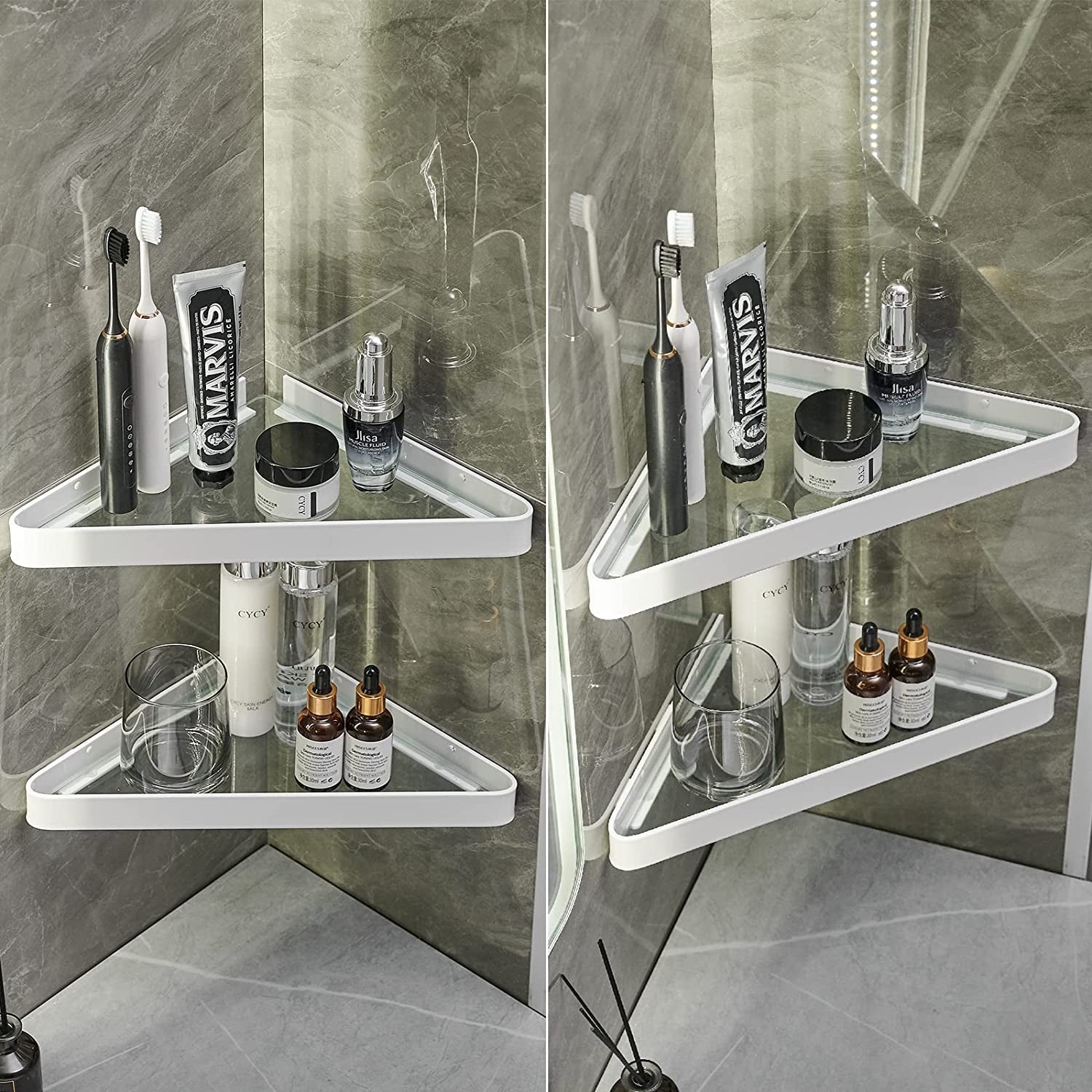 Wall-Mounted Glass Corner Shelves for Bathroom - 2-Tier Tempered Glass Floating Organizer (White)