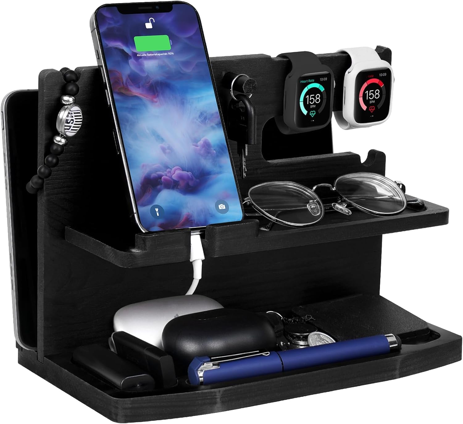 Gifts for Men Desk or Nightstand Organizer - Wood Phone Docking Station - Birthday Gifts for Husband, Fathers Day for Dad - Anniversary Idea from Wife - Key Holder, Stand Wallet, Watch & Essentials