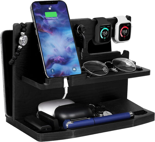 Gifts for Men Desk or Nightstand Organizer - Wood Phone Docking Station - Birthday Gifts for Husband, Fathers Day for Dad - Anniversary Idea from Wife - Key Holder, Stand Wallet, Watch & Essentials