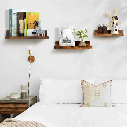 Wall-Mounted Floating Shelves Set of 5, Wooden Home Decor in Multiple Sizes, Brown Finish