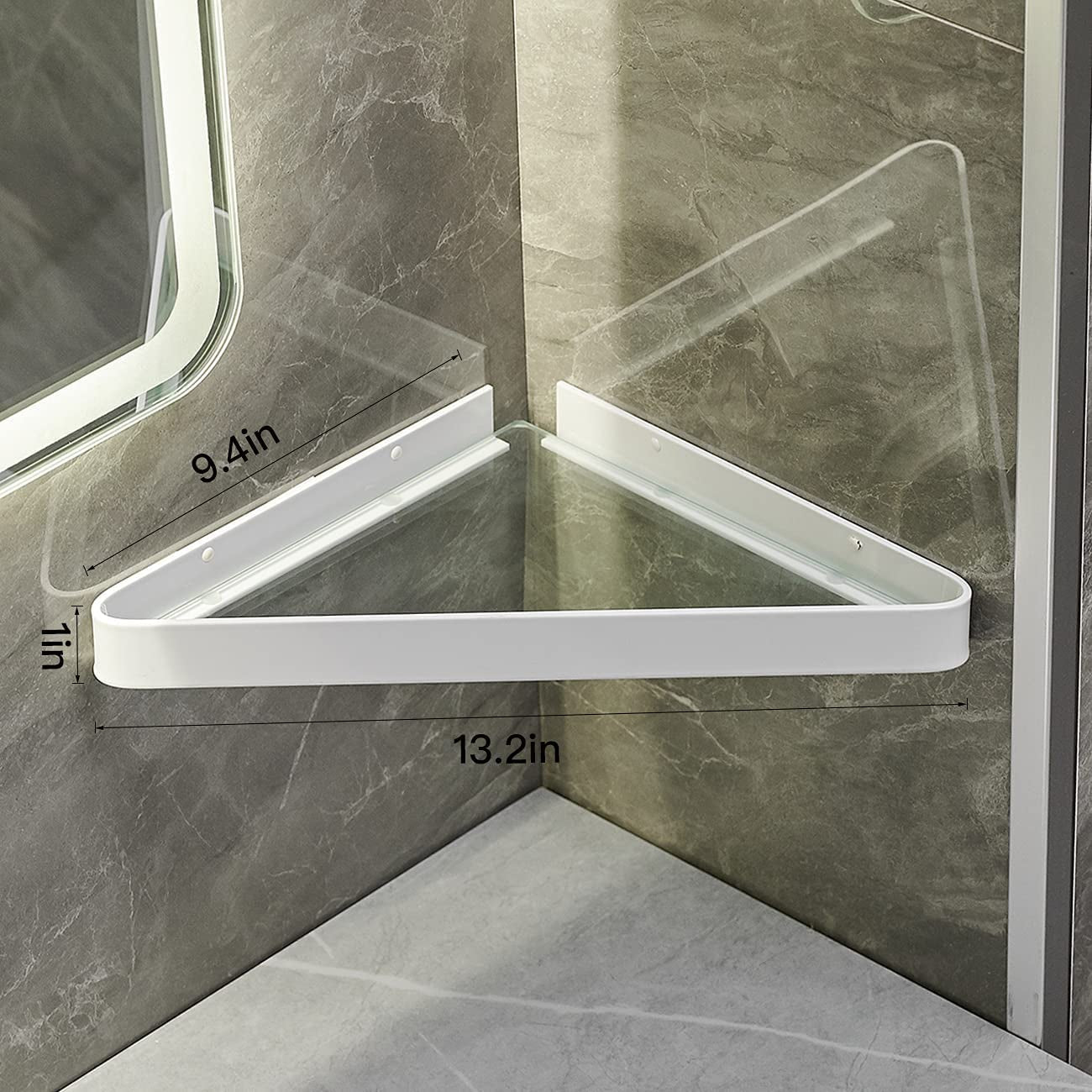 Wall-Mounted Glass Corner Shelves for Bathroom - 2-Tier Tempered Glass Floating Organizer (White)