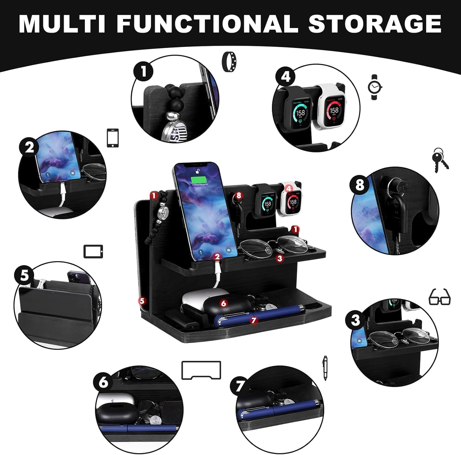 Gifts for Men Desk or Nightstand Organizer - Wood Phone Docking Station - Birthday Gifts for Husband, Fathers Day for Dad - Anniversary Idea from Wife - Key Holder, Stand Wallet, Watch & Essentials