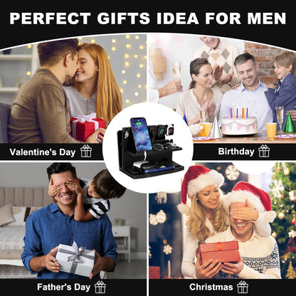 Gifts for Men Desk or Nightstand Organizer - Wood Phone Docking Station - Birthday Gifts for Husband, Fathers Day for Dad - Anniversary Idea from Wife - Key Holder, Stand Wallet, Watch & Essentials