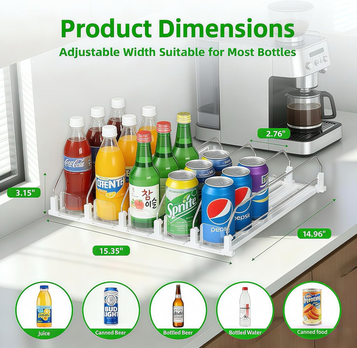 White Fridge Organizer, Automatic Can Dispenser & Drink Rack - Holds up to 25 Cans (12Oz/16Oz/20Oz), Adjustable Gliding Soda & Beer Organizer for Refrigerator - Space Saving Kitchen Storage