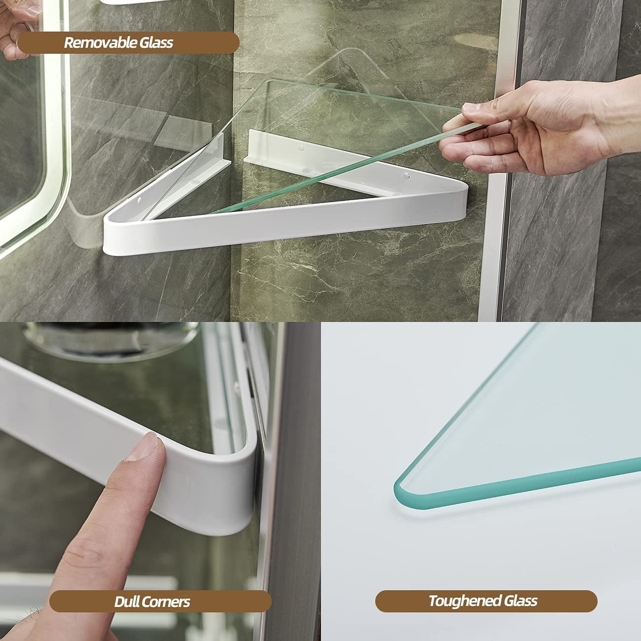 Wall-Mounted Glass Corner Shelves for Bathroom - 2-Tier Tempered Glass Floating Organizer (White)